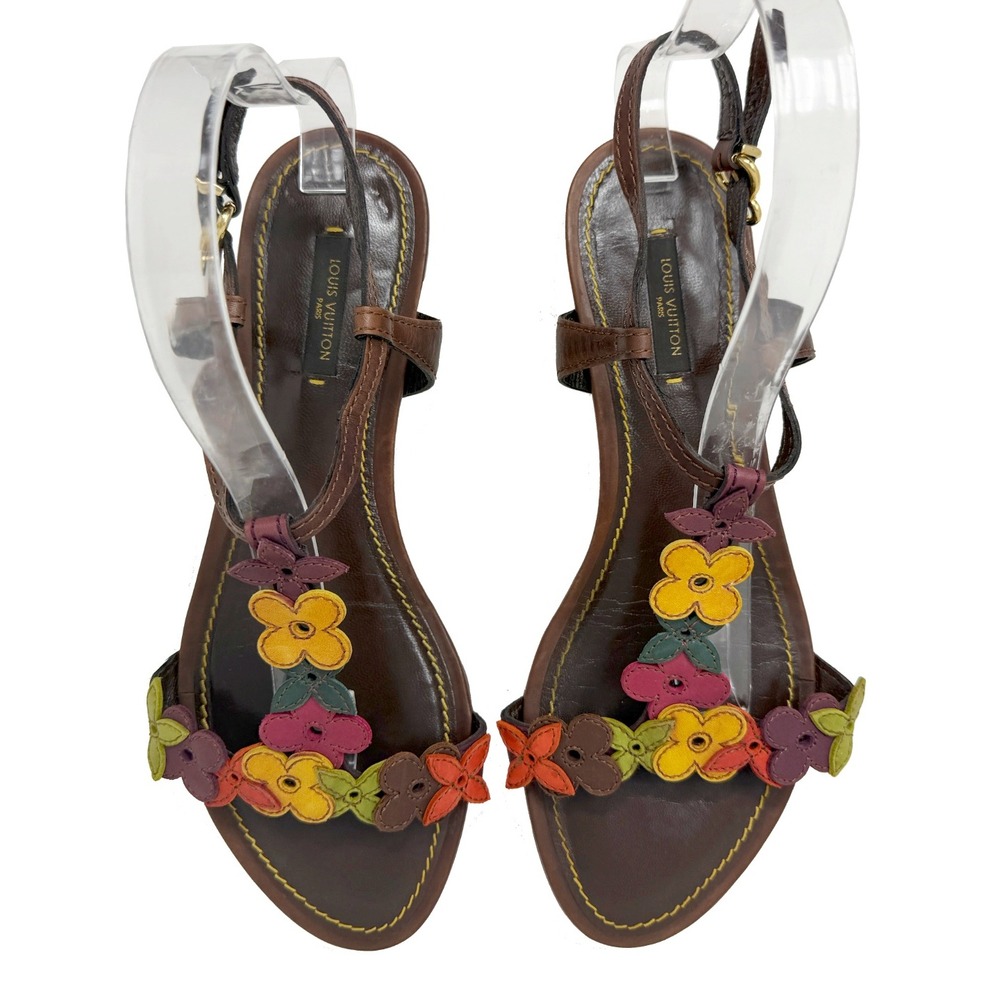 Louis Vuitton Floral Leather Sandals 39 Brown Multicolor T Strap Flat Shoes